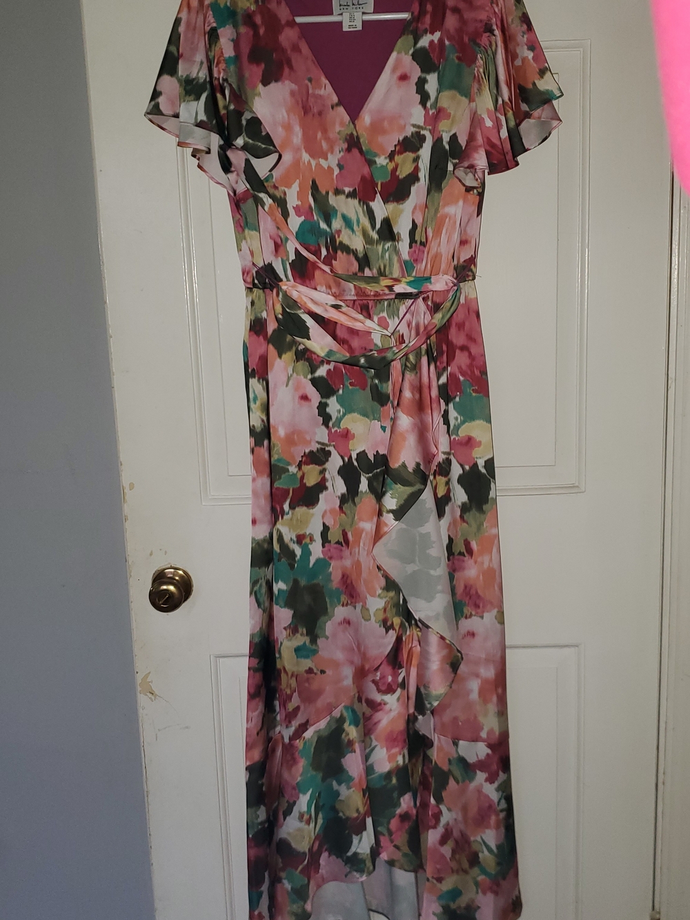 Nicole Miller Floral Wrap Maxi Dress in Pink, Green and Coral